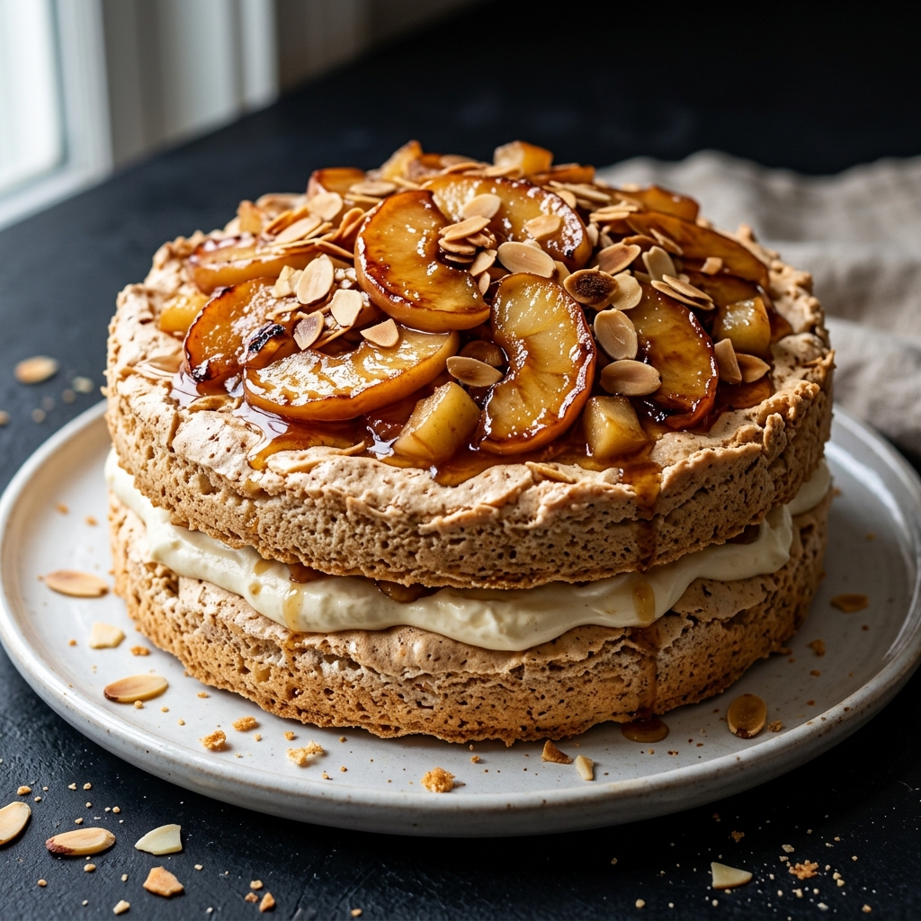 Elite Double-Layer Almond Meringue Cake with Maple Apples