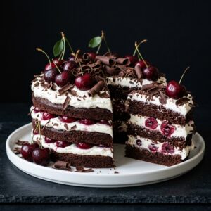 Classic Black Forest Cake with Rich Chocolate Cake, Homemade Cherry Filling, Whipped Cream & Dark Chocolate