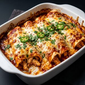 Homemade Chicken Enchiladas with Melted Cheese, Rich Red Enchilada Sauce, and Tender Seasoned Chicken